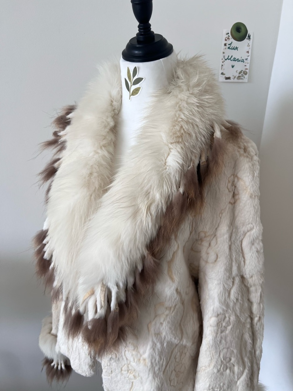 Vintage Cream White Real Rabbit Fur Jacket w Fox Fur Collar & Cuffs M Floral Y2K - Picture 4 of 11
